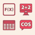Set Mathematics function cosine, Function mathematical symbol, Equation solution and Calculator icon. Vector