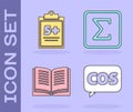 Set Mathematics function cosine, Test or exam sheet, Open book and Sigma symbol icon. Vector
