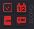 Set Mathematics function sine, Square root, Calendar and Book with word mathematics icon. Vector Royalty Free Stock Photo