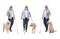 Set of mature blind woman with long cane and dog on white