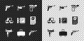 Set Mauser gun, Pistol or, UZI submachine, Weapon case, Revolver, Collimator sight and Hunting shop weapon icon. Vector