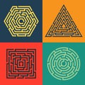 Set of 4 maze - square, circle, triangle, hexagon icon.