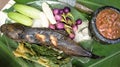 The set meal is shrimp paste chili paste in a small mortar.