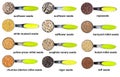 Measuring tablespoons with various seeds cutout