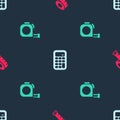 Set Measuring tape, Calculator and Roulette construction on seamless pattern. Vector Royalty Free Stock Photo