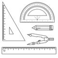 Set of measuring tools: rulers, triangles, protractor, pencil and pair of compasses. Vector school instruments isolated on white Royalty Free Stock Photo