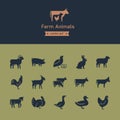 Set of meat animals icons with animals in profile. Vector collection made in retro style.