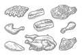 Set meat. Brisket, steak, chicken leg, ribs wing, and breast halves. Vintage vector engraving Royalty Free Stock Photo