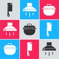 Set Meat chopper, Kitchen extractor fan and Cooking pot icon. Vector Royalty Free Stock Photo