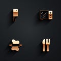 Set Meat chopper, Microwave oven, Rolling pin on dough and Crossed knife and fork icon with long shadow. Vector Royalty Free Stock Photo