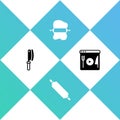 Set Meat chopper, Rolling pin, on dough and Cooking live streaming icon. Vector