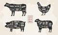 Set of Meat diagrams. Cuts of meat. Cow, Chicken, Pig and Sheep silhouette. Vintage Posters for groceries, butcher shop, meat stor Royalty Free Stock Photo