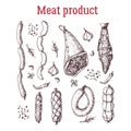 Set of meat product with spices . Food. Hand drawn.
