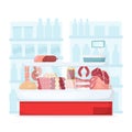 Set of meat product on supermarket fridge. Food store interior Sausege, chiken, bacon, ham and beef. Cartoon vector