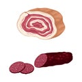 Set of meat products. Sausage and meatloaf, butchery shop assortment vector illustration