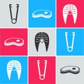 Set Meat tongs, Steak meat and Fish steak icon. Vector