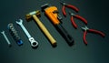 Set of mechanic tools on black background. Chrome wrenches or spanners, hexagon socket, end cutter pliers, locking pliers, pincers Royalty Free Stock Photo