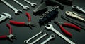 Set of mechanic tools. Chrome wrenches or spanners, hexagon socket, end cutter pliers, locking pliers, vernier caliper, pincers,