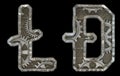 Set of mechanical alphabet made from rivet metal with gears on black background. Symbol litecoin and dashcoin. 3D