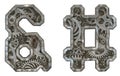 Set of mechanical alphabet made from rivet metal with gears on white background. Symbol ampersand and hash. 3D