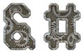 Set of mechanical alphabet made from rivet metal with gears on white background. Symbol ampersand and hash. 3D