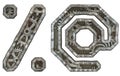 Set of mechanical alphabet made from rivet metal with gears on white background. Symbol percent and at. 3D