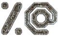 Set of mechanical alphabet made from rivet metal with gears on white background. Symbol percent and at. 3D