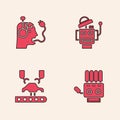 Set Mechanical robot hand, Robot charging battery, and Robotic arm on factory icon. Vector