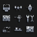 Set Mechanical robot hand and screwdriver, Conveyor belt with cardboard box, Printed circuit PCB, Spanner, 3D printer