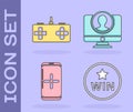 Set Medal, Gamepad, Smartphone and playing in game and Create account screen icon. Vector