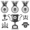 Set of medal icons, trophy, first place icons.