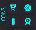 Set Medal with star, Basketball ball and Fitness shaker icon. Black square button. Vector