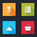 Set Medal with star, Server, Data, Web Hosting, Covered tray of food and Handbag icon. Vector