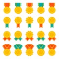 Set of medals, badges or awards with ribbons. Flat color vector icon set Royalty Free Stock Photo