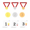 Set of medals coins and charters of competition isolated symbols. Gold silver bronze medals. Winner prize icon.Trophy award Royalty Free Stock Photo