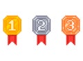 Set of medals with numbers in pixel art style. Vector illustration. Royalty Free Stock Photo