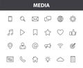 Set of 24 Media web icons in line style. Social, networks, feedback, communication, marketing, thumb up. Vector Royalty Free Stock Photo