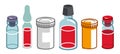 Set of medical bottles and vials vector flat style illustration isolated over white, meds drugstore concept, apothecary Royalty Free Stock Photo