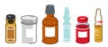 Set of medical bottles and vials vector flat style illustration isolated over white, meds drugstore concept, apothecary Royalty Free Stock Photo