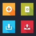 Set Medical cross in circle, book, Download and Upload inbox icon. Vector Royalty Free Stock Photo