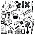 Set of medical drugs and tools. Collection of elements of medical care. Black and white pharmacy vector illustration