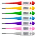 A set of medical electronic thermometers of different color with a metal tip, the button and figures on the screen