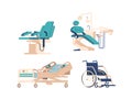 Set of Medical Equipment and Apparatuses, Dentist Couch and Gynecological Chair, Wheelchair Clinic and Hospital Devices