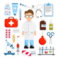 Set of medical equipment cartoon style. Vector illustration of doctors, medicines, ointments, thermometers, microscope, test tubes