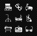 Set Medical hospital building, Eyeglasses, Hospital bed, Stretcher, Identification badge, Blind, Walking stick cane and