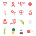 Set Medical Icons Caduceus Symbol, Ribbon and Female Uterus, Cross Test Tube Shield and Microscope