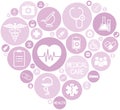 Set of medical icons on circular pink colored buttons that form a heart, , web design elements medicine