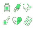 A set of medical icons in green. Stethoscope and pulse, pills. Health concept. Vector. Isolated on white background