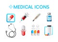 Set of medical icons,illustrations. Painkillers, capsules, antibiotics,thermometer, syringe,stethoscope,ampoule. Vector