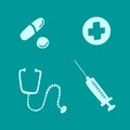 Set of medical icons instruments and medicines - first aid kit, stethoscope, tablets, pills, capsules. Vector EPS10 illustration